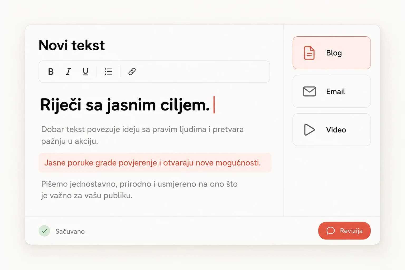 Ilustrativni uređivač novog teksta sa izborom bloga, emaila ili videa