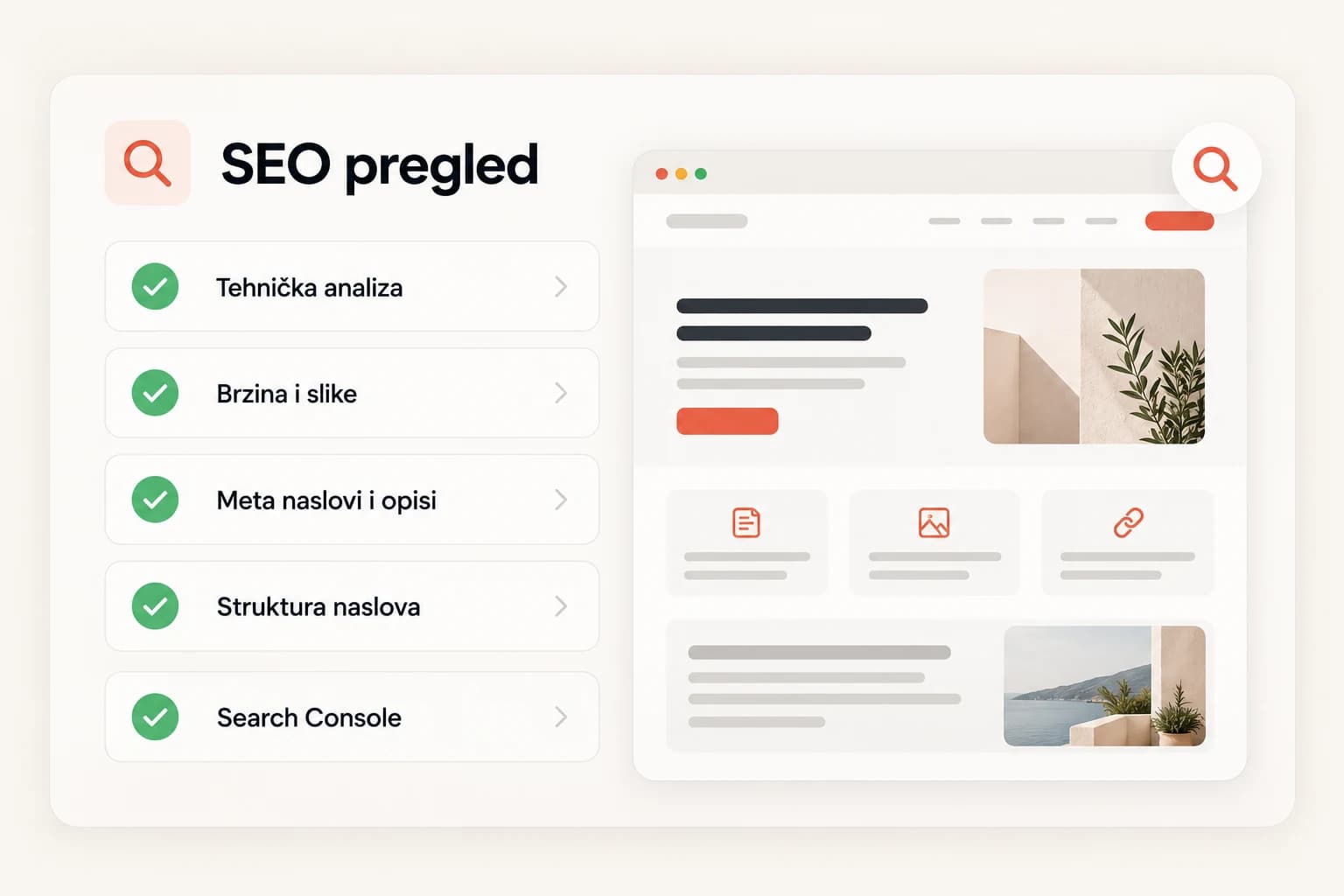 Ilustrativni SEO pregled sajta sa provjerenim stavkama
