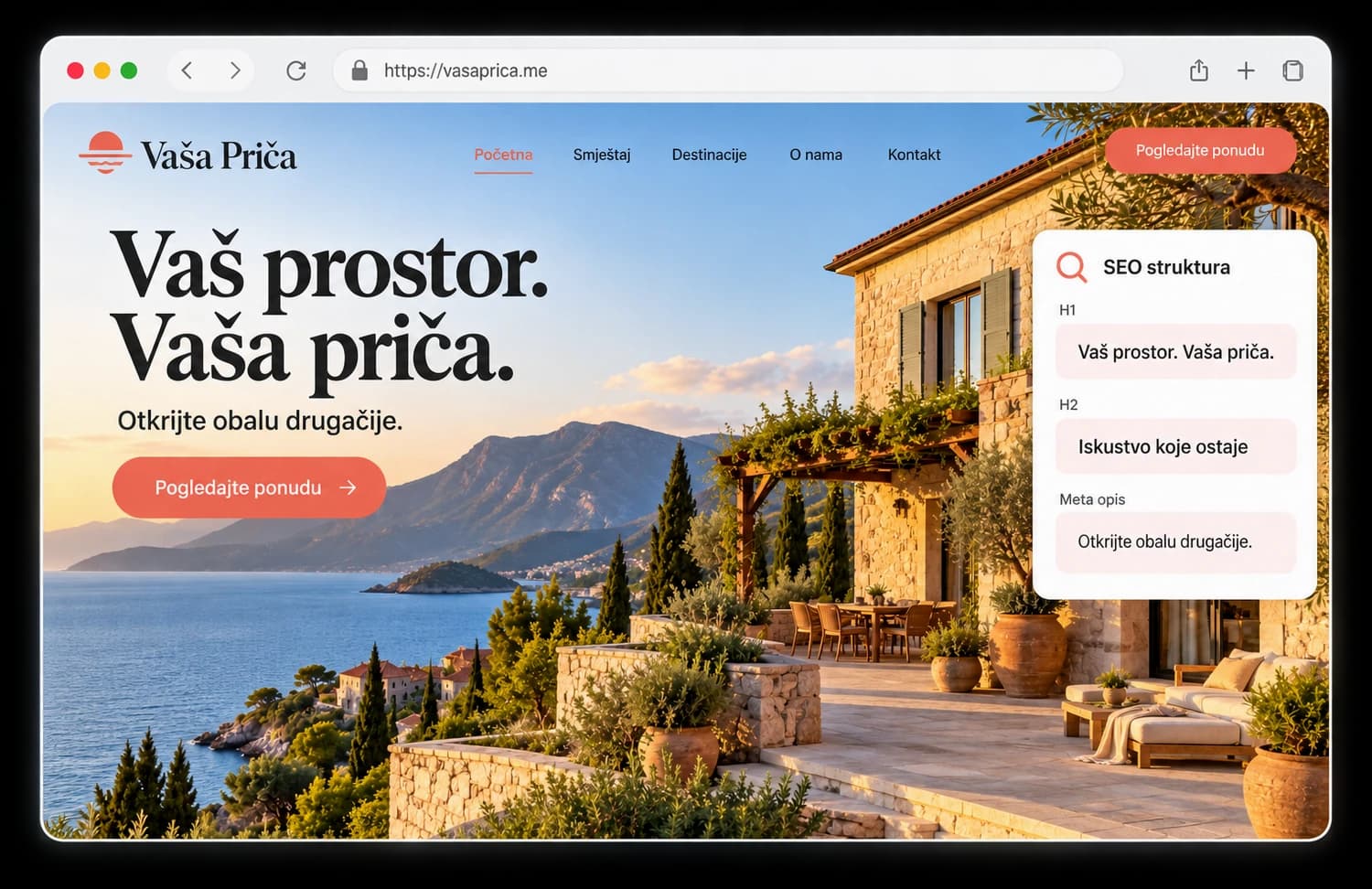 Primjer uredničkog sadržaja u pregledaču: naslov „Vaš prostor. Vaša priča.“, kratak tekst, dugme i panel SEO strukture sa H1, H2 i meta opisom