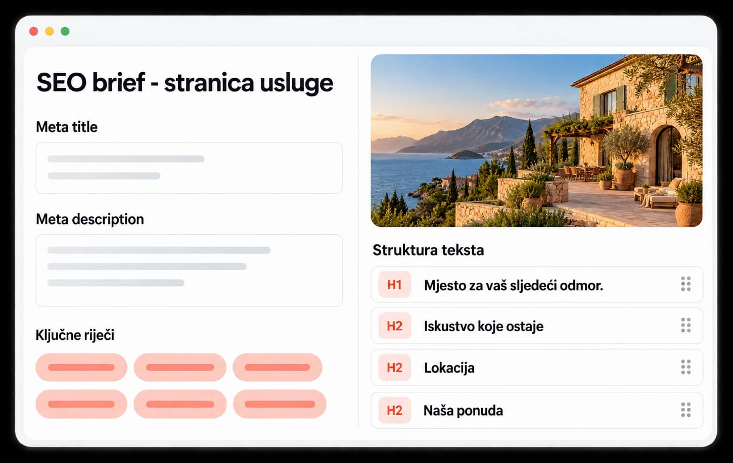 Ilustrativni SEO brief za stranicu usluge: polja za meta naslov, meta opis i ključne riječi, fotografija i struktura teksta sa H1 i H2 naslovima