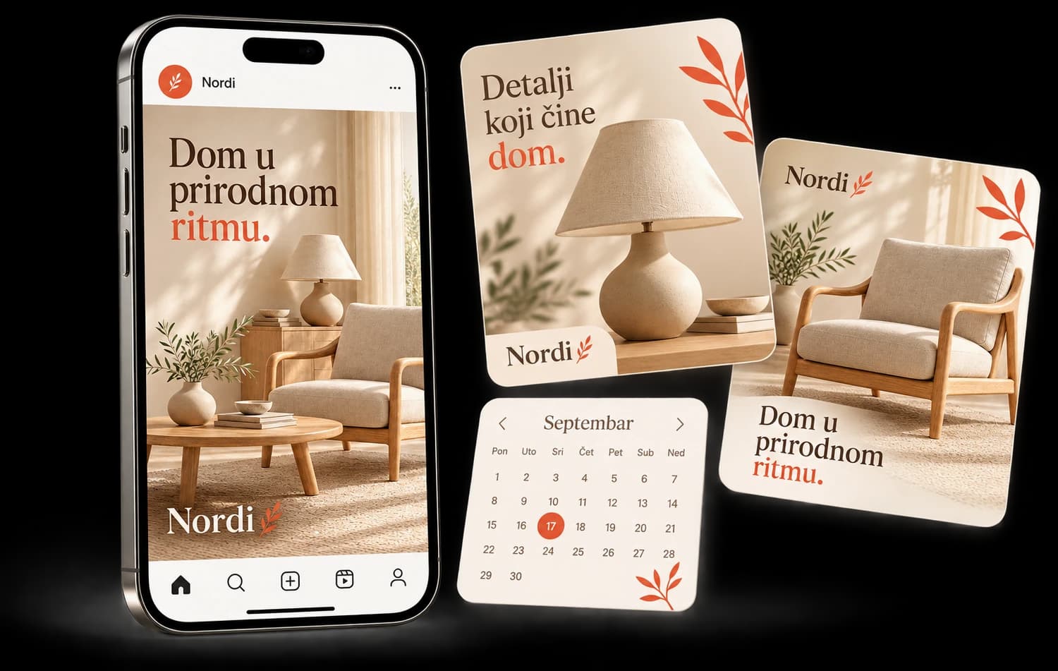 Primjer sadržaja za društvene mreže demonstracionog brenda Nordi: telefon sa objavom „Dom u prirodnom ritmu“, dvije objave sa lampom i foteljom i mali kalendar
