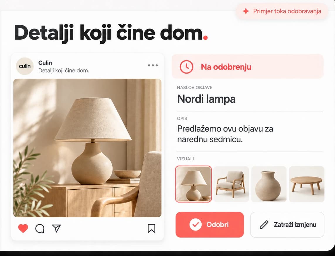 Primjer toka odobravanja: objava „Detalji koji čine dom“ sa fotografijom lampe, status Na odobrenju, naslov i opis objave, izbor vizuala i dugmad Odobri i Zatraži izmjenu