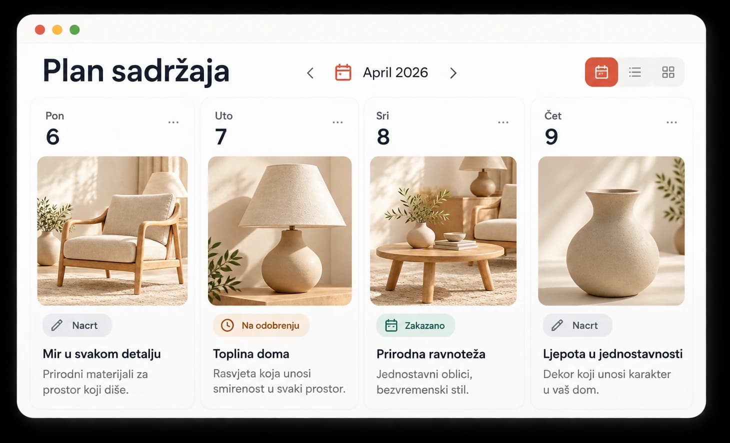 Primjer plana sadržaja: četiri objave po danima sa fotografijama i statusima Nacrt, Na odobrenju i Zakazano
