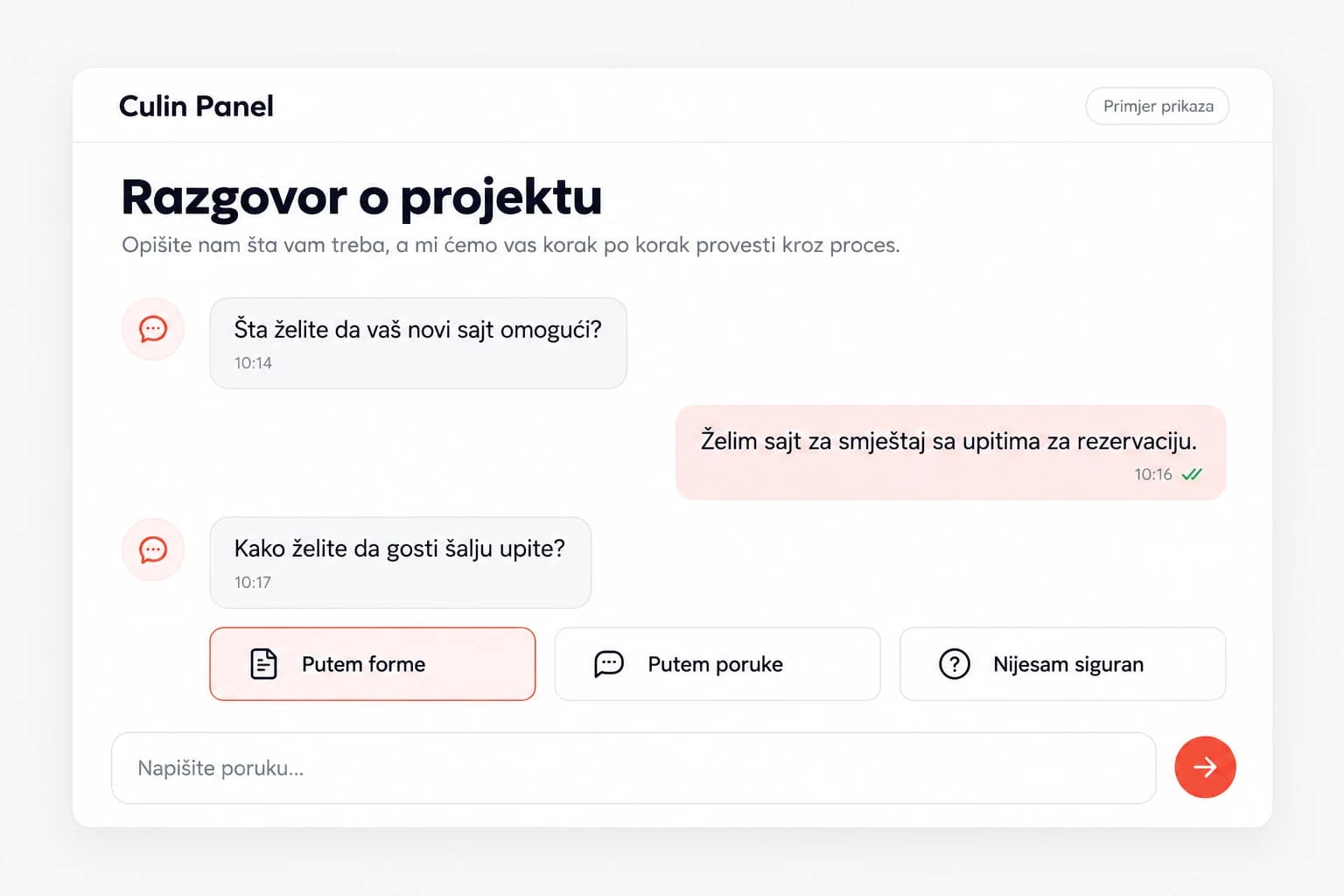 Ilustrativni razgovor o projektu sa Culin asistentom: pitanje o novom sajtu, odgovor o smještaju sa upitima za rezervaciju i ponuđeni brzi odgovori