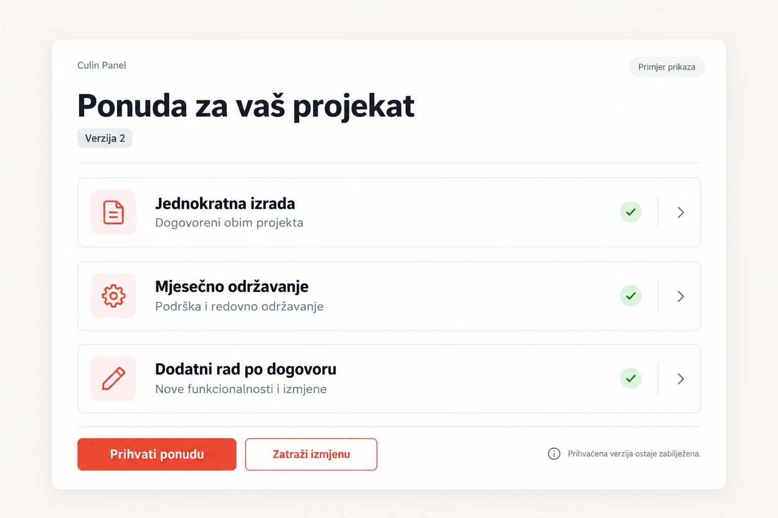 Ilustrativna ponuda za projekat, verzija 2: stavke Jednokratna izrada, Mjesečno održavanje i Dodatni rad po dogovoru sa dugmadima Prihvati ponudu i Zatraži izmjenu