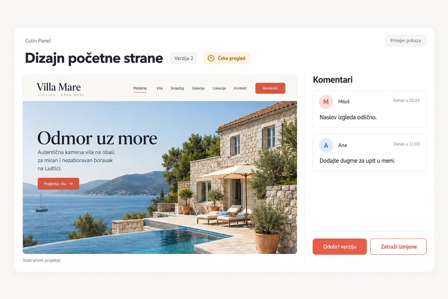 Ilustrativni pregled dizajna početne strane, verzija 2, sa statusom Čeka pregled, komentarima i dugmadima Odobri verziju i Zatraži izmjene; prikazani sajt Villa Mare je izmišljen projekat