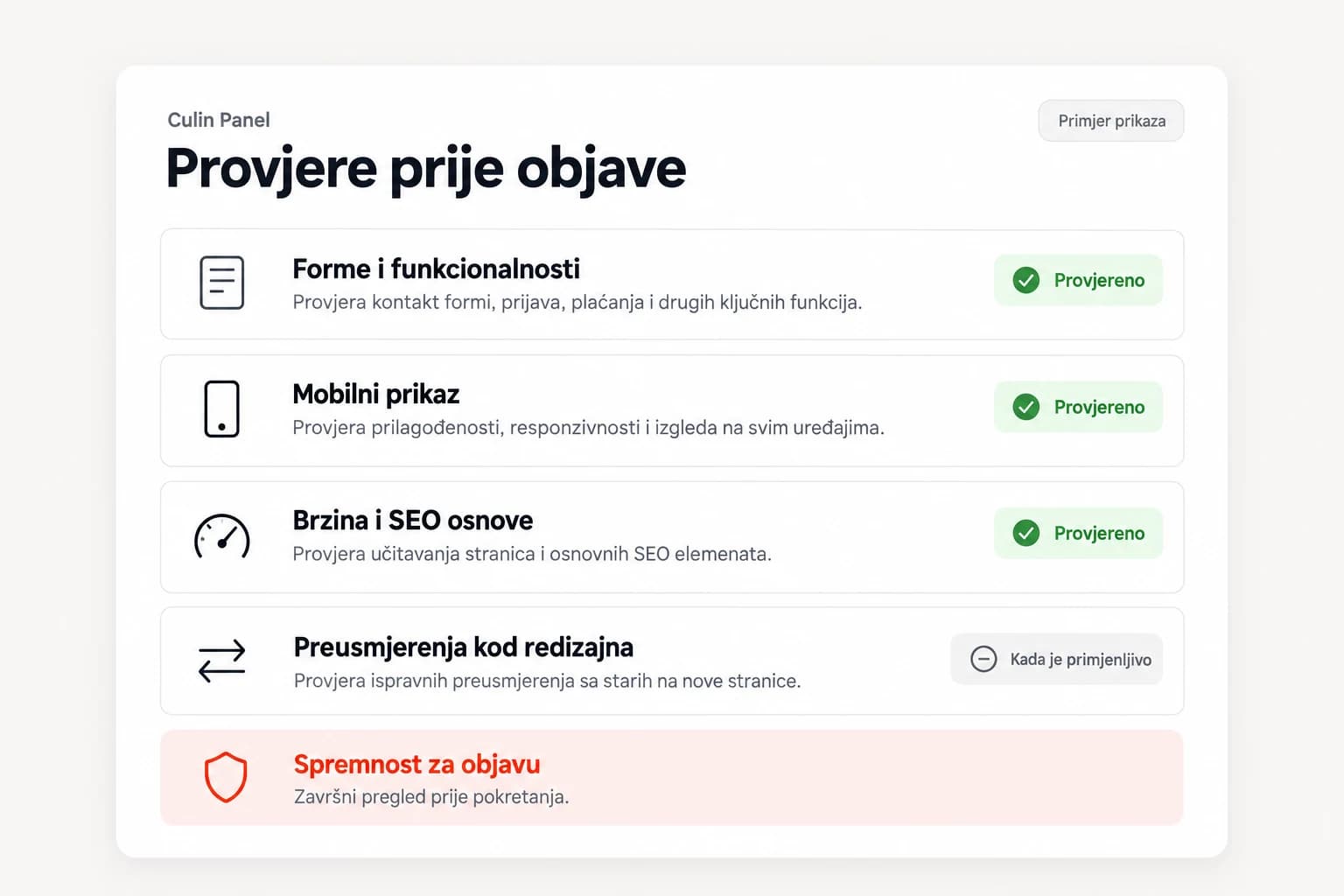 Ilustrativna lista provjera prije objave: forme i funkcionalnosti, mobilni prikaz, brzina i SEO osnove, preusmjerenja kod redizajna i spremnost za objavu
