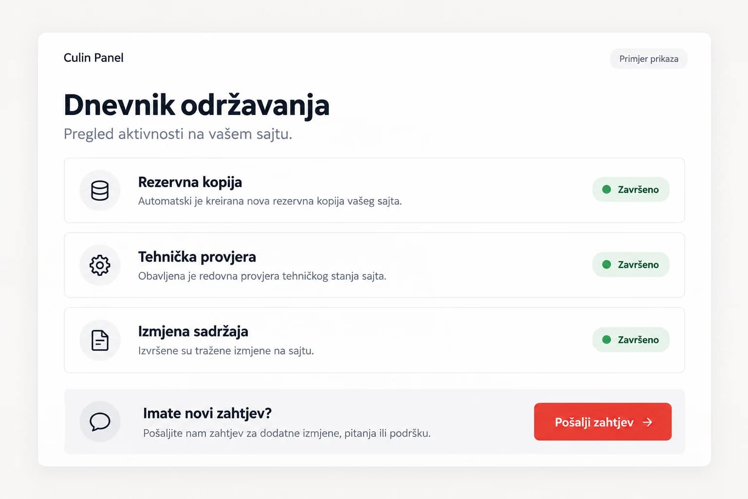 Ilustrativni dnevnik održavanja: rezervna kopija, tehnička provjera i izmjena sadržaja sa statusom Završeno i poziv za slanje novog zahtjeva