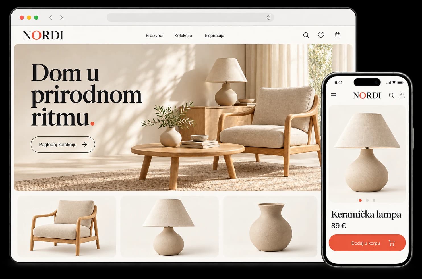 Primjer Nordi online prodavnice: početna strana u pregledaču sa enterijerom i proizvodima, i telefon sa stranicom keramičke lampe
