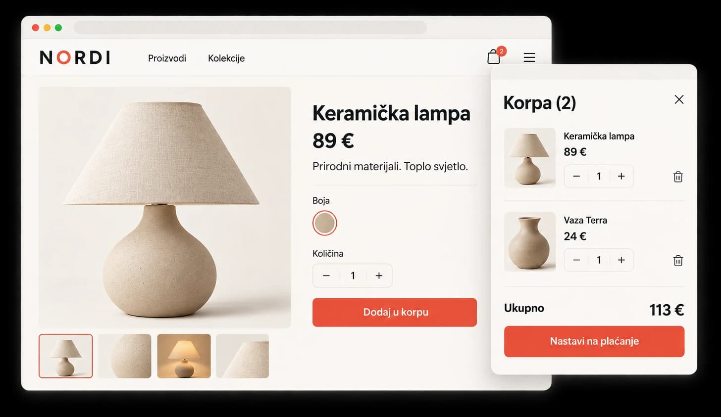 Primjer stranice proizvoda: keramička lampa za 89 € sa izborom boje i količine, i otvorena korpa sa dvije stavke u ukupnom iznosu 113 €