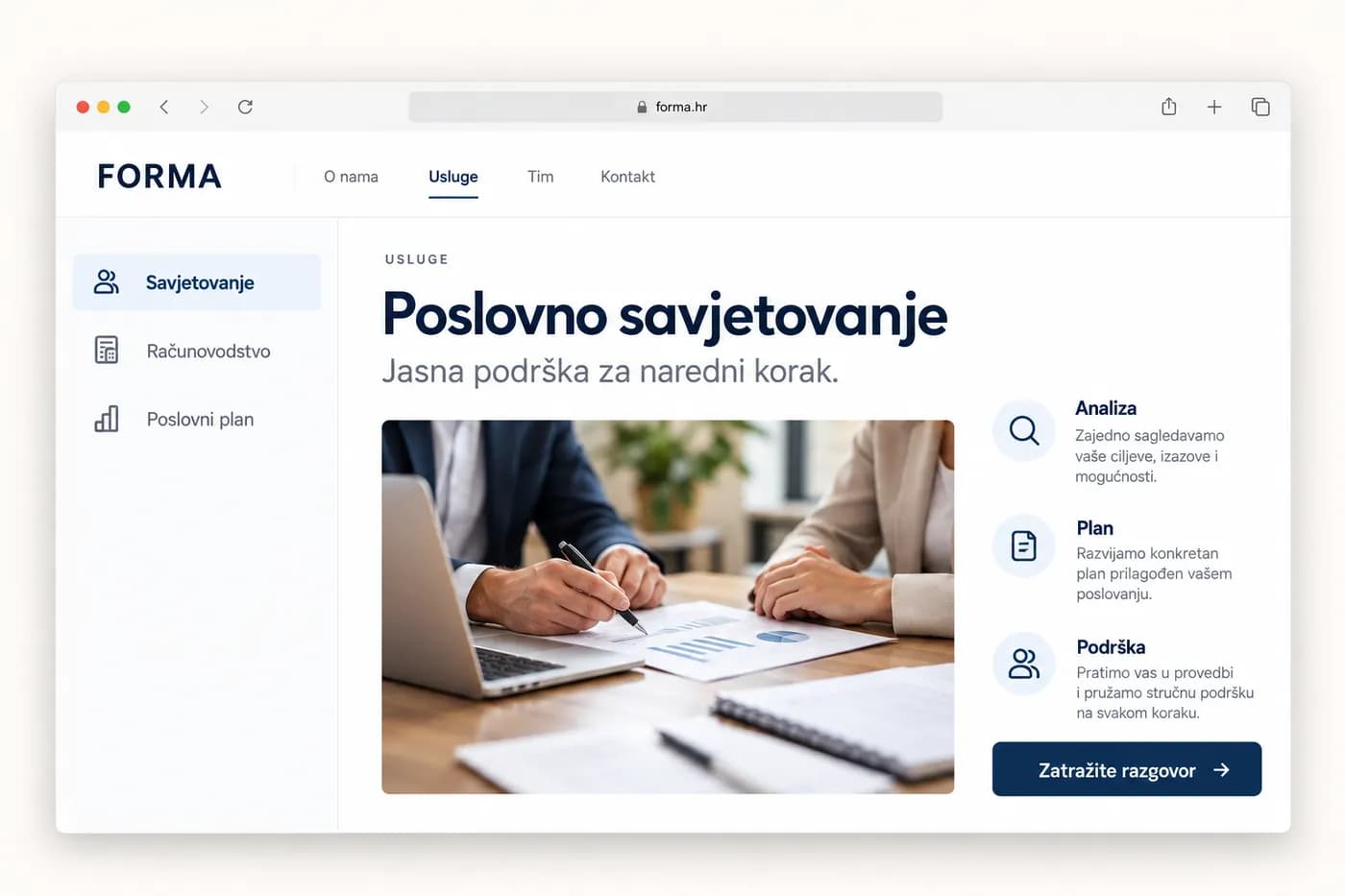 Ilustrativna stranica usluge „Poslovno savjetovanje“ sa bočnom navigacijom oblasti rada, fotografijom i cjelinama Analiza, Plan i Podrška