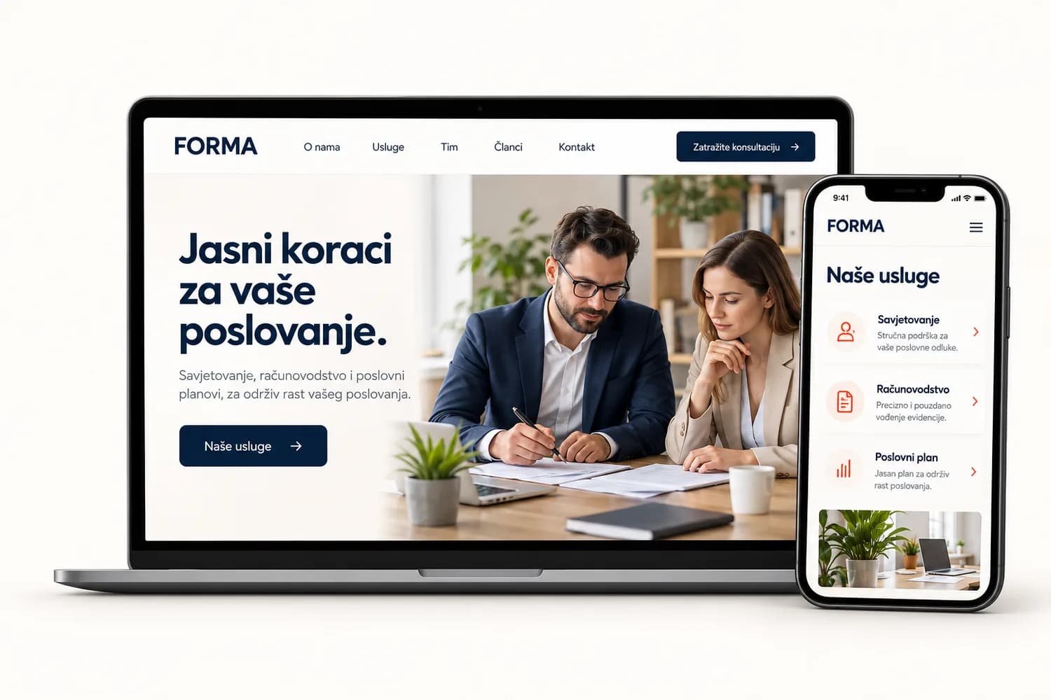 Ilustrativni poslovni sajt FORMA na laptopu i telefonu: naslov „Jasni koraci za vaše poslovanje“, fotografija sastanka i lista usluga na telefonu