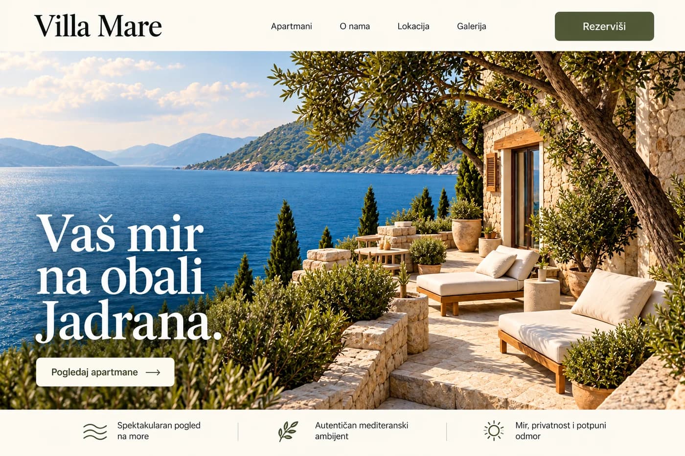 Poslije redizajna: nova početna strana Villa Mare sa velikom fotografijom, jasnim naslovom i dugmetom „Pogledaj apartmane“