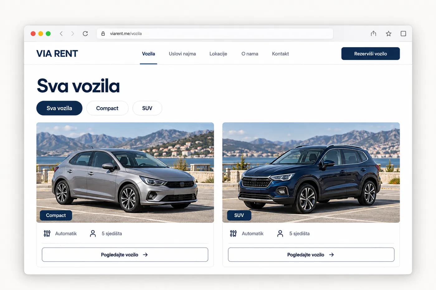 Ilustrativna stranica „Sva vozila“ sa filterima Compact i SUV i dvije kartice vozila sa mjenjačem i brojem sjedišta