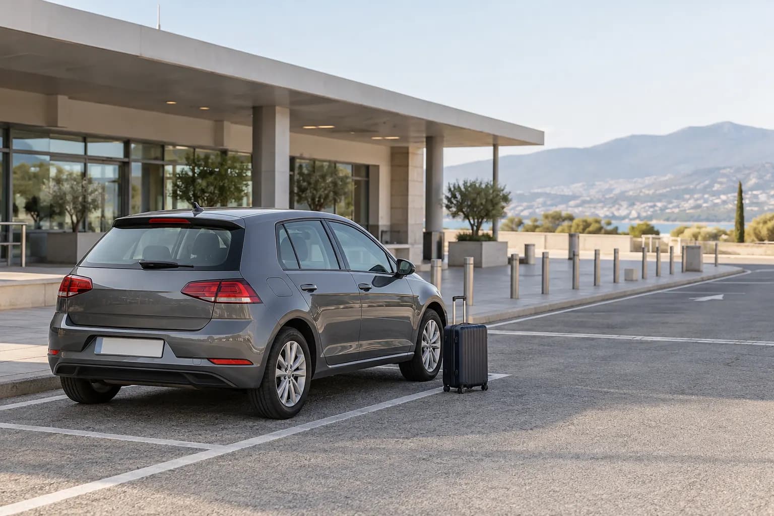 Ilustrativna fotografija sivog automobila i kofera na parkingu ispred moderne zgrade