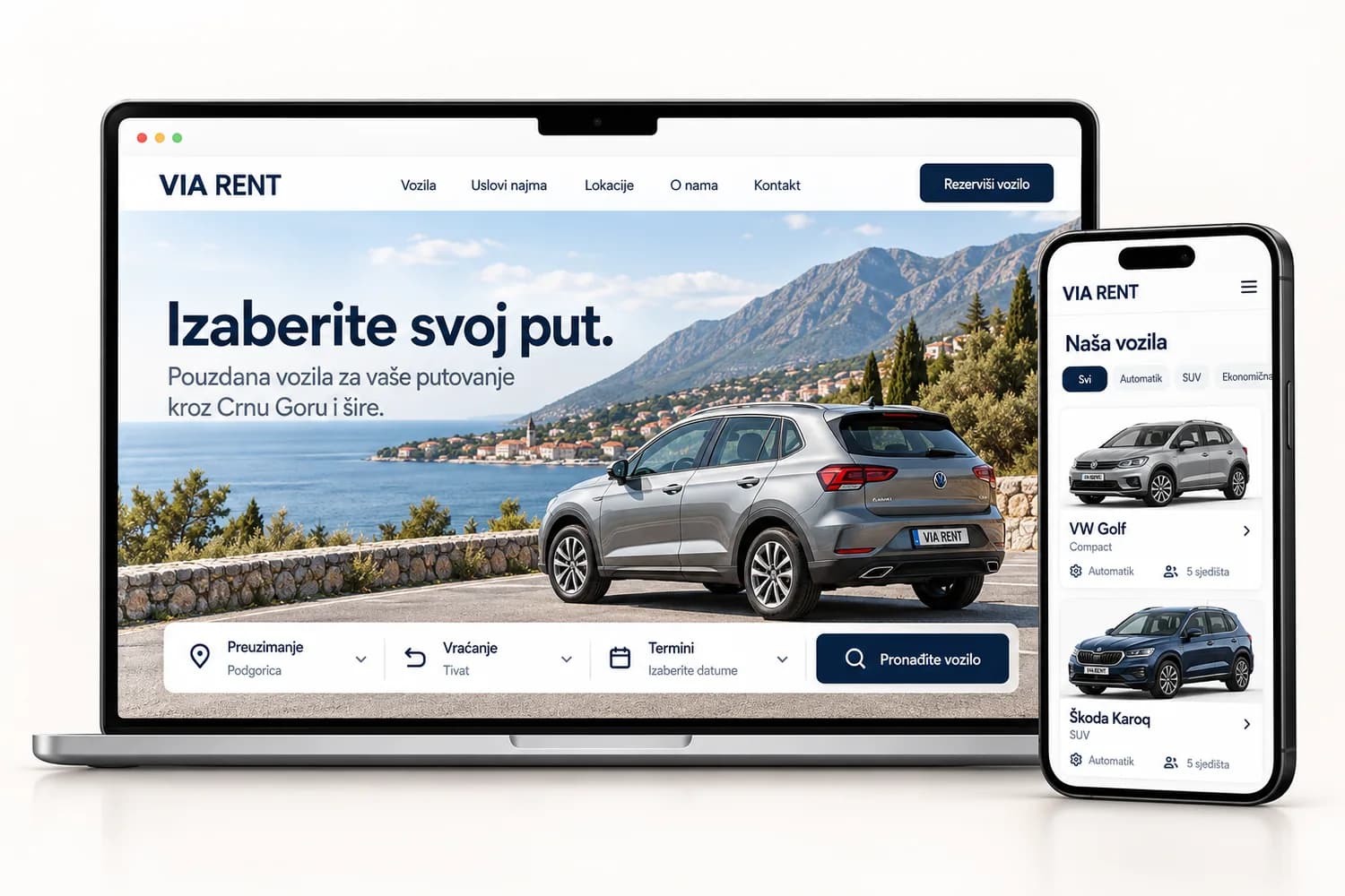 Ilustrativni rent-a-car sajt VIA RENT na laptopu i telefonu: naslov „Izaberite svoj put“, polja za preuzimanje, vraćanje i termine i lista vozila na telefonu