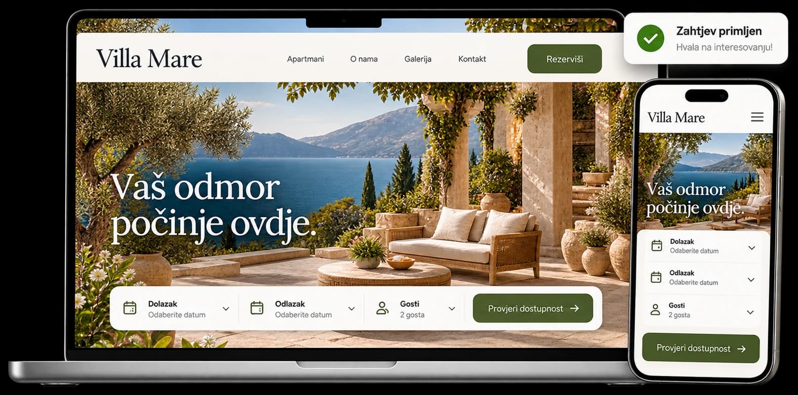 Ilustrativni primjer sajta sa rezervacijama Villa Mare na laptopu i telefonu: polja za dolazak, odlazak i goste i dugme „Provjeri dostupnost“, uz poruku „Zahtjev primljen“