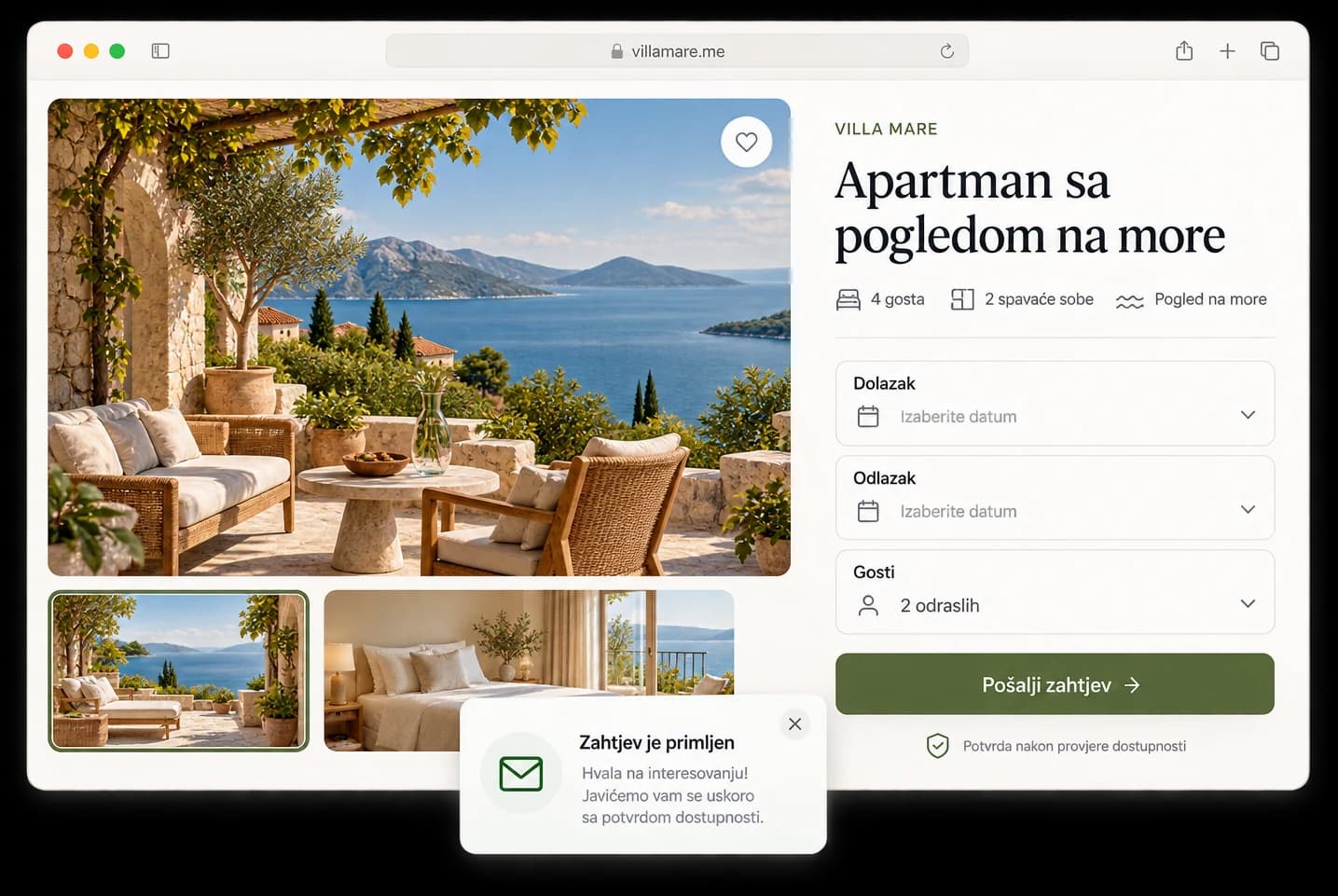 Ilustrativna stranica apartmana sa izborom dolaska, odlaska i gostiju, dugmetom „Pošalji zahtjev“ i porukom „Zahtjev je primljen“