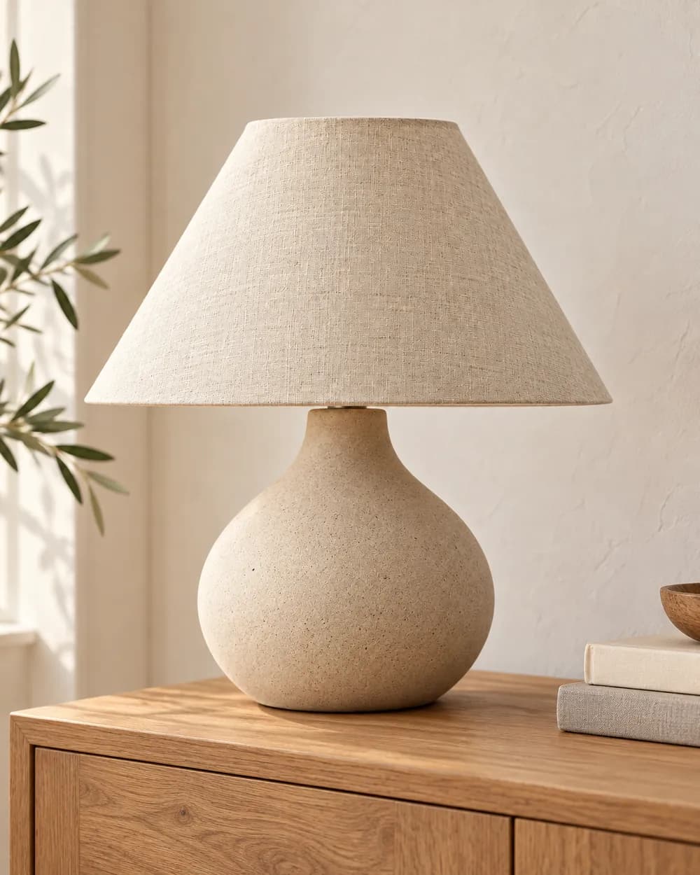 Keramička lampa na hrastovoj komodi pored prozora, ambijentalna fotografija