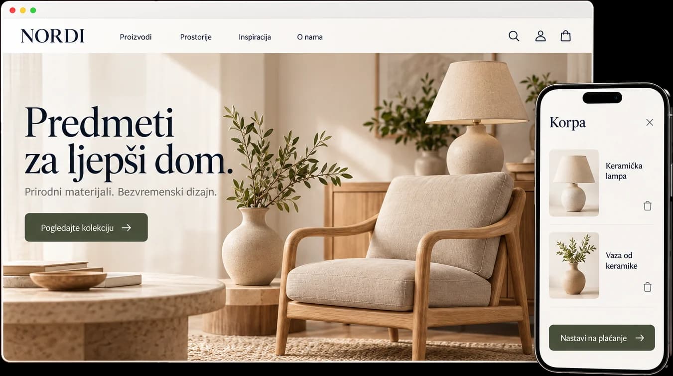 Ilustrativna NORDI prodavnica na laptopu i telefonu: naslov „Predmeti za ljepši dom“, enterijer sa foteljom i lampom i otvorena korpa na telefonu