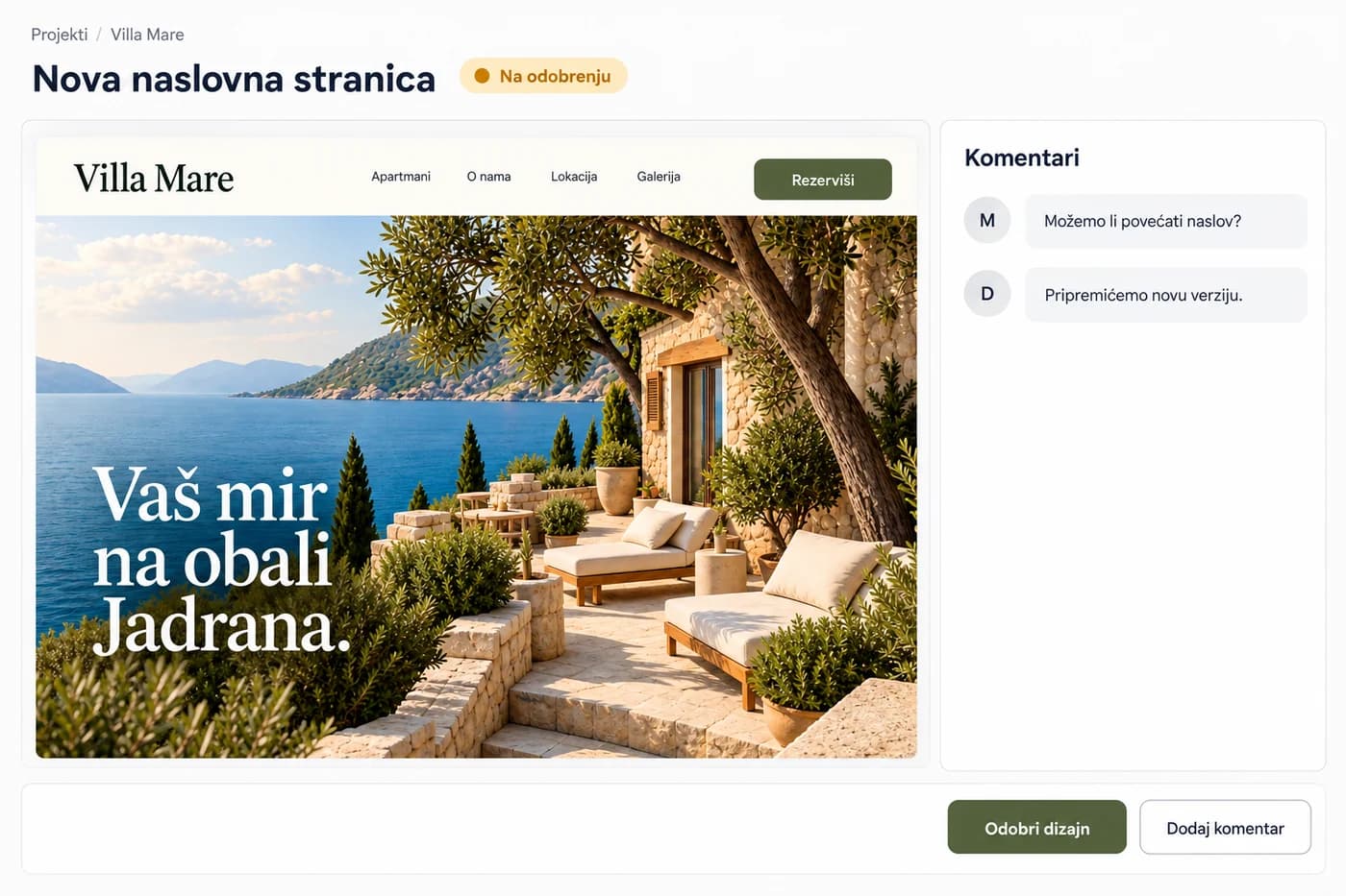 Primjer odobravanja u Culin Panelu: nova naslovna stranica Villa Mare sa statusom „Na odobrenju“, komentarima i dugmadima „Odobri dizajn“ i „Dodaj komentar“