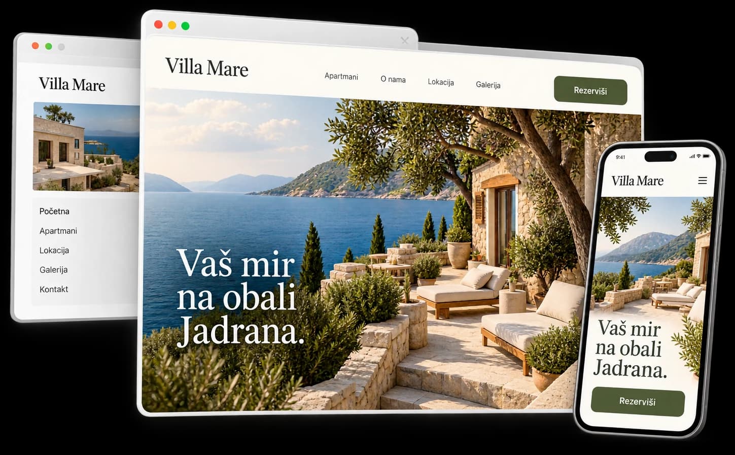 Ilustrativni primjer redizajna: stari sajt Villa Mare u pozadini, a ispred novi sajt u pregledaču i na telefonu sa naslovom „Vaš mir na obali Jadrana“