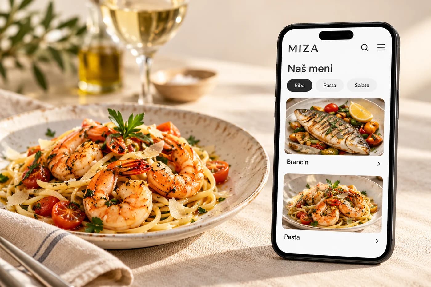 Ilustrativni digitalni meni na telefonu pored tanjira paste sa gamborima: kategorije Riba, Pasta i Salate i jela sa fotografijama