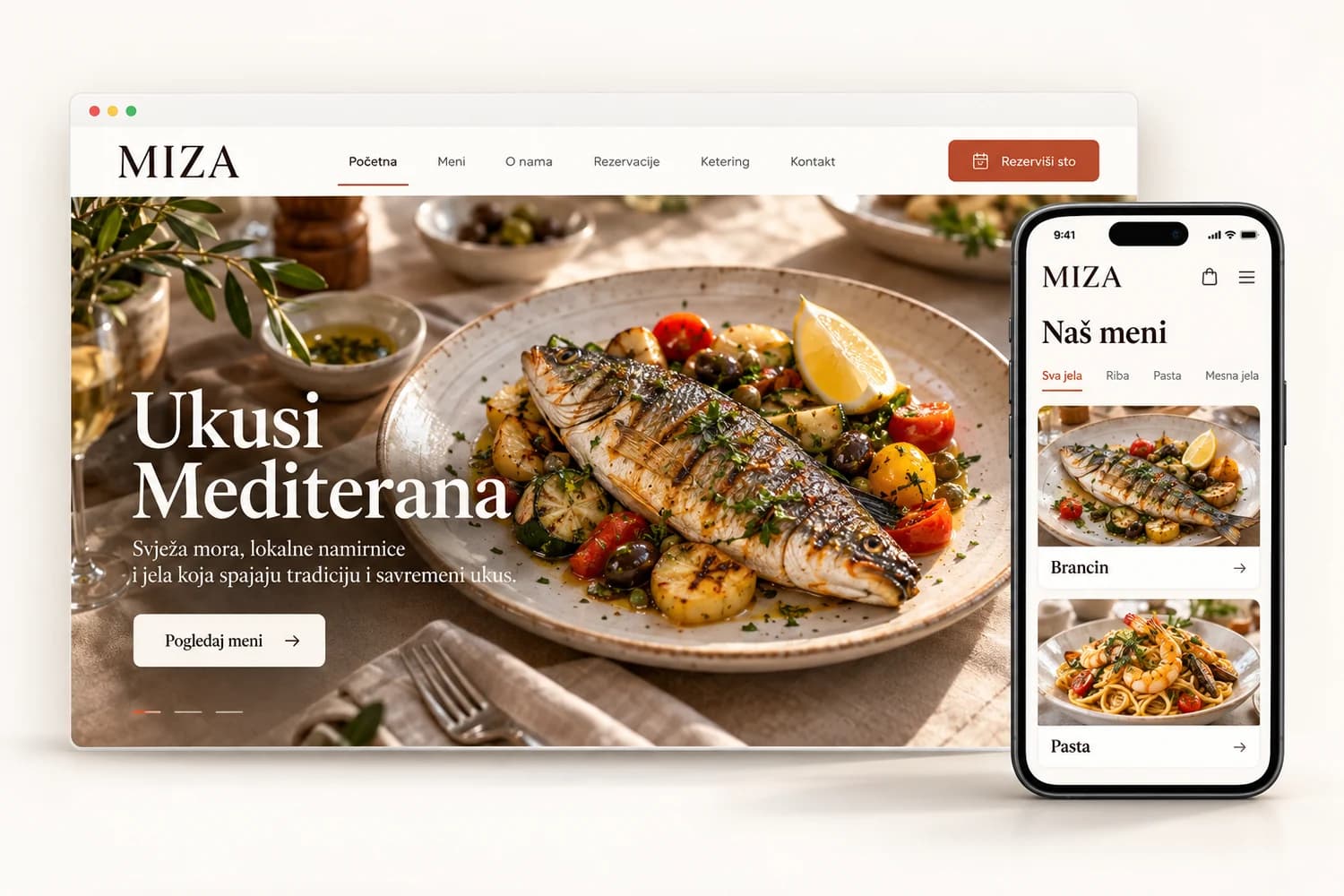 Ilustrativni sajt restorana MIZA na laptopu i telefonu: naslov „Ukusi Mediterana“, fotografija jela i digitalni meni na telefonu