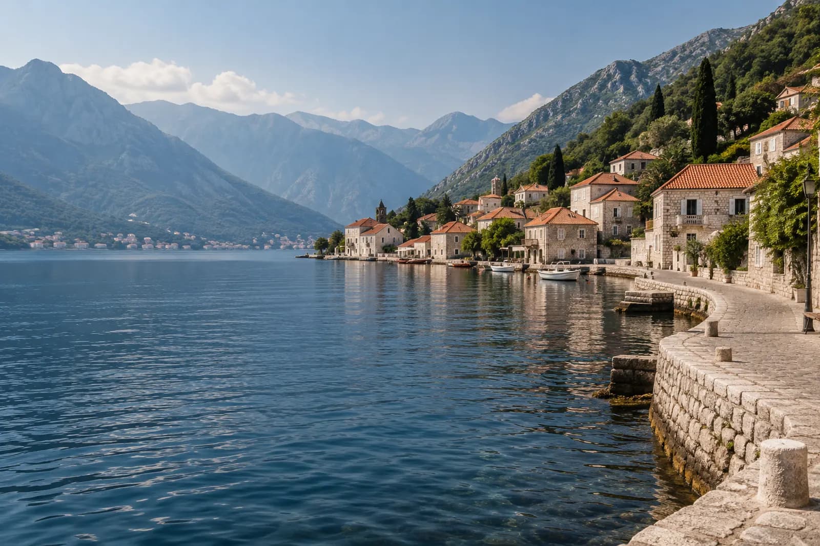 Generisana ilustracija primorskog mjesta sa kamenim kućama uz obalu i planinama u pozadini