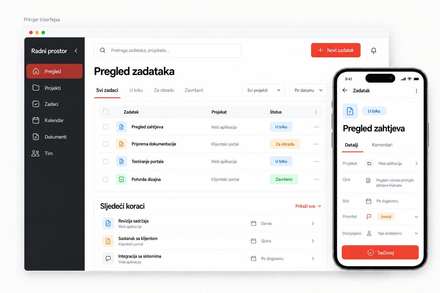 Ilustrativna web aplikacija „Radni prostor“: pregled zadataka sa statusima U toku, Za obradu i Završeno na desktopu i detalj zadatka „Pregled zahtjeva“ na telefonu